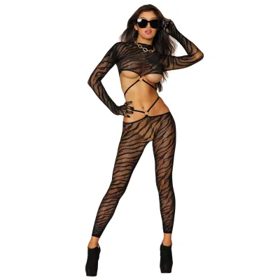 Dreamgirl Long Sleeve Gloved Zebra Crop Top Bodystocking Set