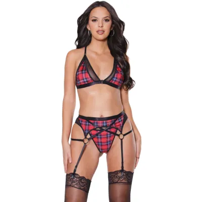 Plaid Peek A Boo Bra Panties Matching Garter Belt