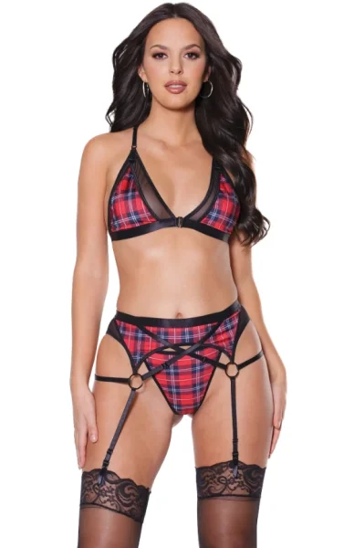 Plaid Peek-A-Boo Bra, Panties & Matching Garter Belt