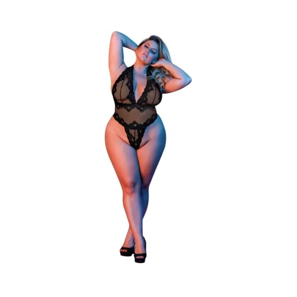 Magic Silk Sexy Time Deep Plunge Halter Teddy Black Queen Size — image 7 of 9