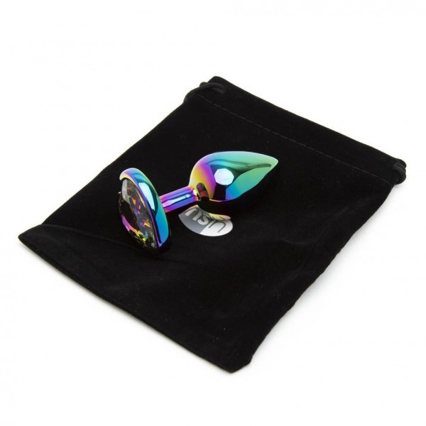 Rear Assets Small Jewelled Rainbow Heart Metal Butt Plug 2 Inch