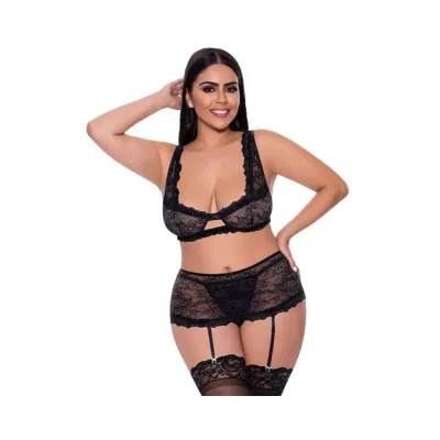 Magic Silk Ooh La Lace Bralette Garter Skirt G string Set Black Queen