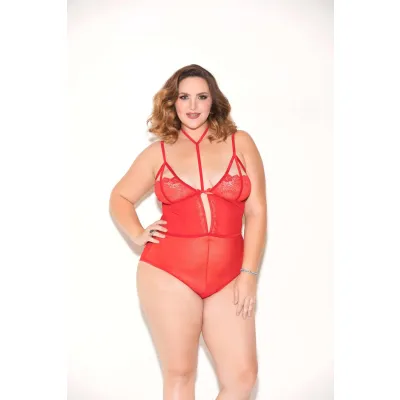 Soft Cup Mesh Lace Teddy W choker Red 3x