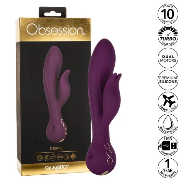 Obsession Desire Rechargeable Waterproof Silicone Rabbit Vibrator By CalExotics - Purple