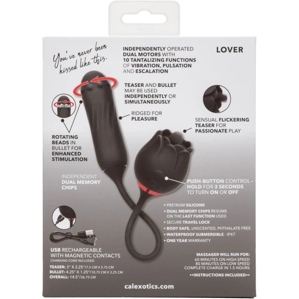 French Kiss Elite Lover Rotating Bullet Vibe & Flickering Tongue Clitoral Stimulator By CalExotics - Black