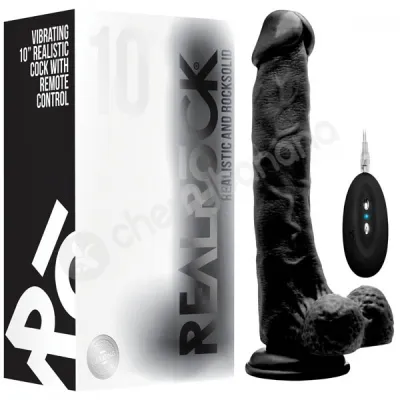 Realrock Vibrating 10 Black Realistic Cock With Scrotum