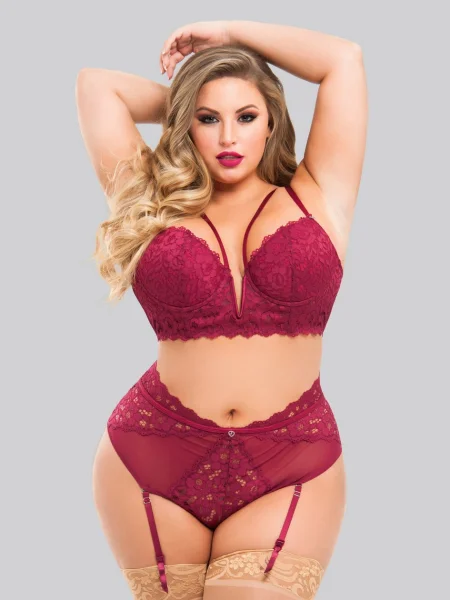 Lovehoney Plus Size Parisienne Wine Lace Plunge Longline Bra Set