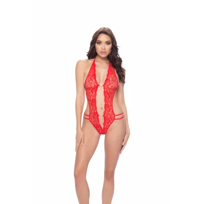 Lace Crotchless Teddy One Size Red