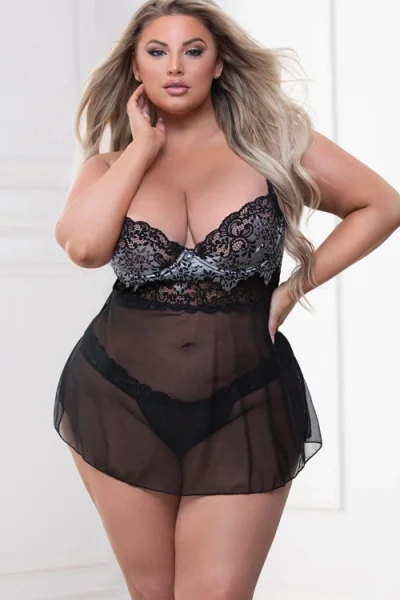 Seven Til Midnight Molten Lave Metallic Black Lace Babydoll with G-String