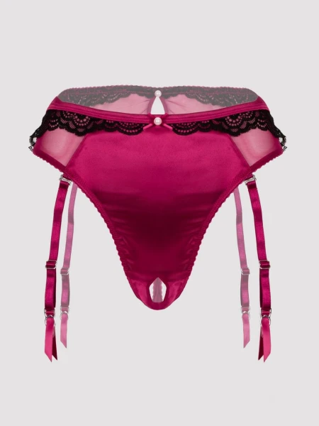 Lovehoney Plus Size Satin Romance Purple High-Waisted Crotchless Garter Thong