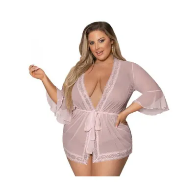 Magic Silk Seabreeze Robe W Lace Trim Blush Queen Size