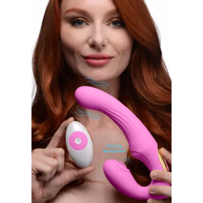 15x U pulse Silicone Pulsating And Vibrating Strapless Strap on With Remote Pink