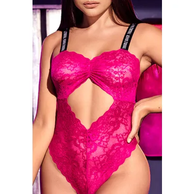 Trouble Maker Hot Pink Ruched Lacy Bodysuit with Cut Outs By Mapale by Espiral