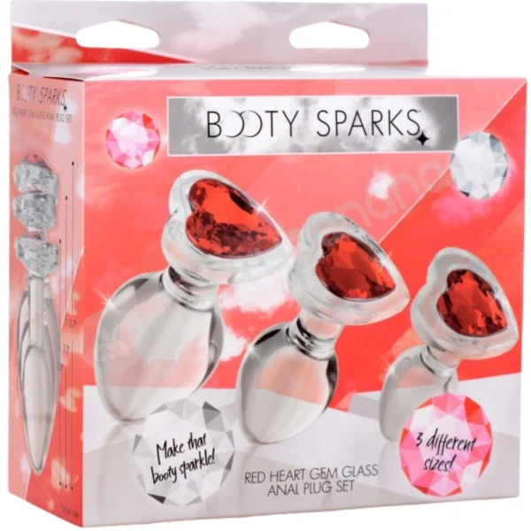 Booty Sparks Red Heart Gem Glass Anal Plug 3 Piece Set