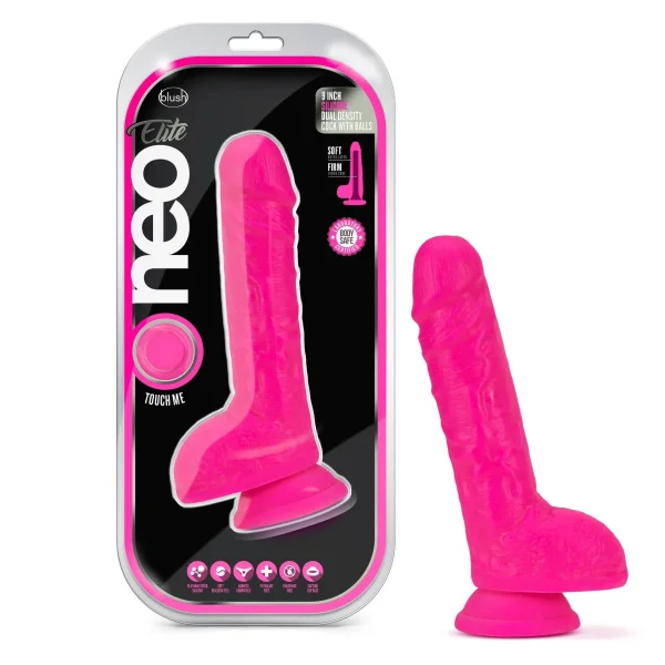 Neo Elite - 9-inch Silicone Dual-density Cock With Balls - Neon Pink