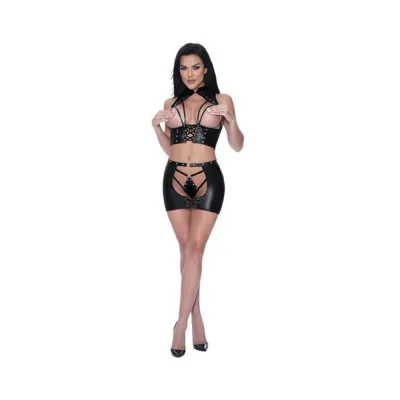 Lust Fetish Ambrosia Strappy Corseted Halter Open Back Skirt G string Set Black L xl