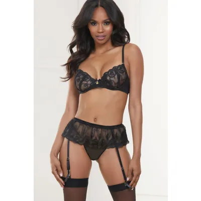 Lustful Thoughts Black Embroidered Mesh Bra with Garter Skirt G String By Seven Til Midnight