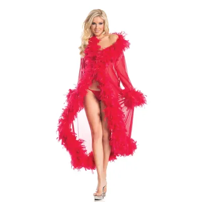 Sheer Glamour Robe With Feather Boa Trim Red Os