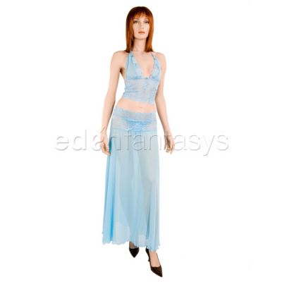 Blue mist bralette with long skirt and g string