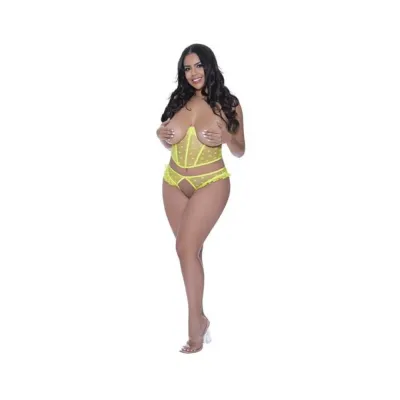 Women s Lingerie Magic Silk Love Star Cupless Bustier Open Crotch Panty Set Neon Chartreuse Queen Size