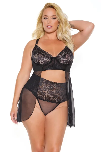Black Lace & Mesh Babydoll & High-Waisted Thong
