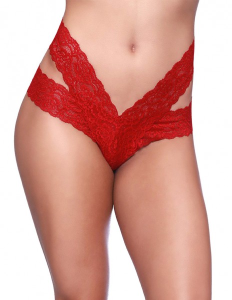 Oh La La Cheri Lace 2 Strap Thong With Functional Tie Waistband Crotchless