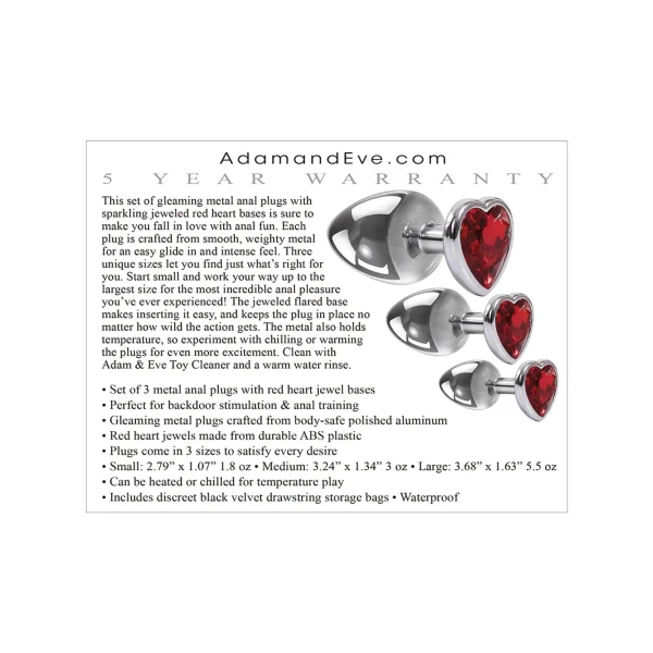 Adam & Eve Three Hearts Gem Anal Plug Set - Silver/Red