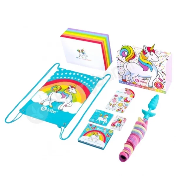 B-vibe Unicorn Vibrating Anal Plug & Rainbow Tail 6 piece Set