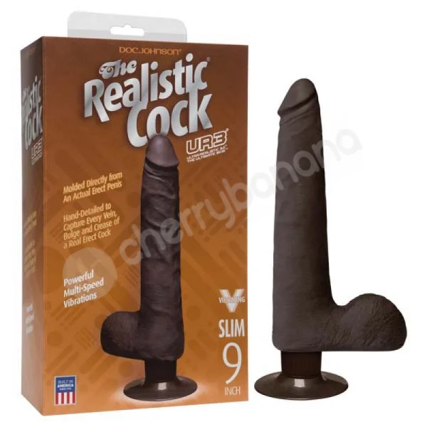 The Realistic Cock Vibrating Slim Black  9" Dildo With Balls