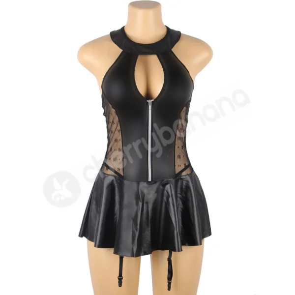 Cherry Banana Black Faux Leather Dress With Zipper Front & Tie-up Back