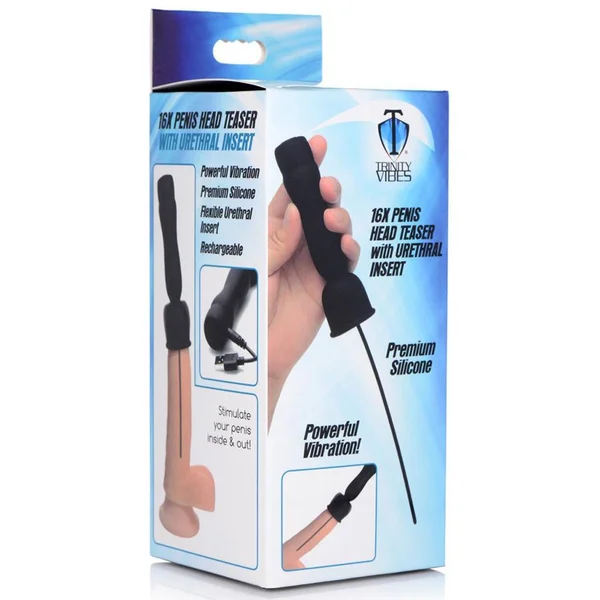16X Black Silicone Penis Head Vibrating Teaser with Urethral Sound — image 6 of 6