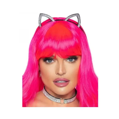 2 Pc Faux Rhinestone Cat Ear Headband And Heart Choker Silver O s