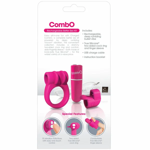 Charged CombO Kit #1 Silicone Cock Ring & Fingertip Sleeve By Screaming O - Pink