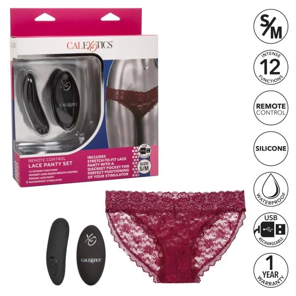 Remote Control Lace Panty Set - S- M - Burgundy