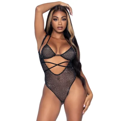 2 Pc Rhinestone Wrap Around Bikini Top and Suspender Bodysuit One Size Black