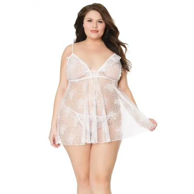 Plus Size Ruffle Floral Accent White Babydoll