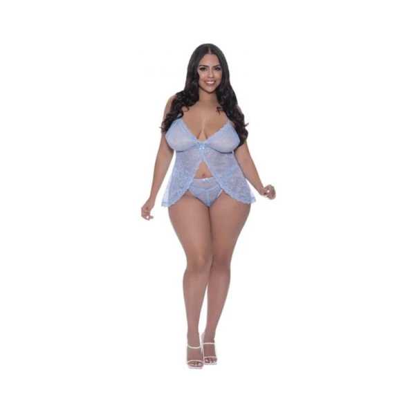 Women's Lingerie: Magic Silk Ooh La Lace Babydoll & Split Crotch Panty Set Periwinkle Queen Size