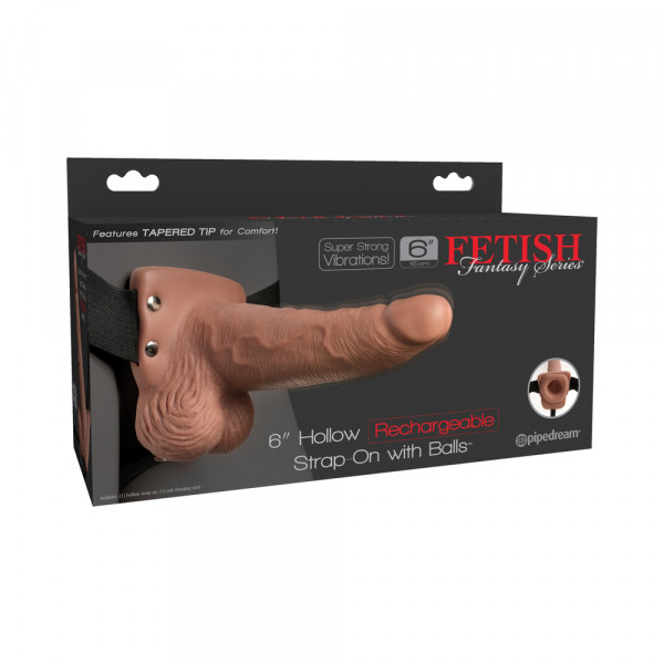 Fetish Fantasy 6in Hollow Rechargeable Strap-on With Balls, Tan