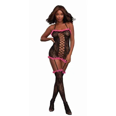Lace Ruffle Garter Dress One Size Black Fuchsia