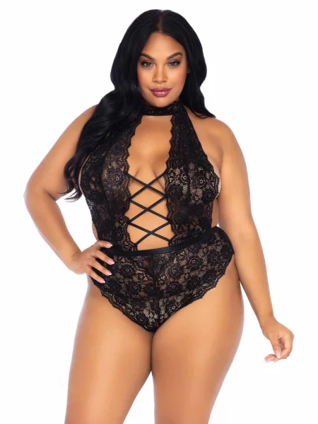 Floral Lace Crotchless Teddy - 1x-2x - Black