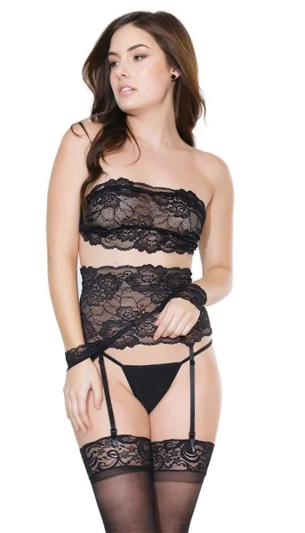 Black Lace Bandeau, Garter Belt, Face Mask, & Cuff Set