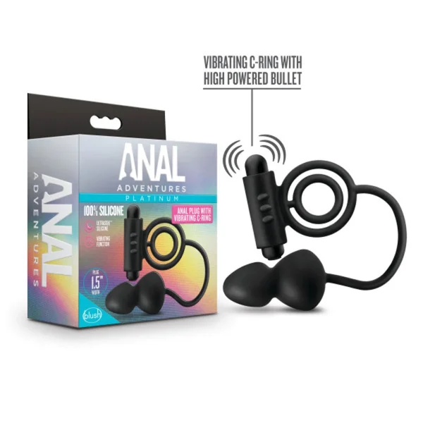 Anal Adventures - Platinum - Silicone Anal Ball  With Vibrating C-Ring - Black