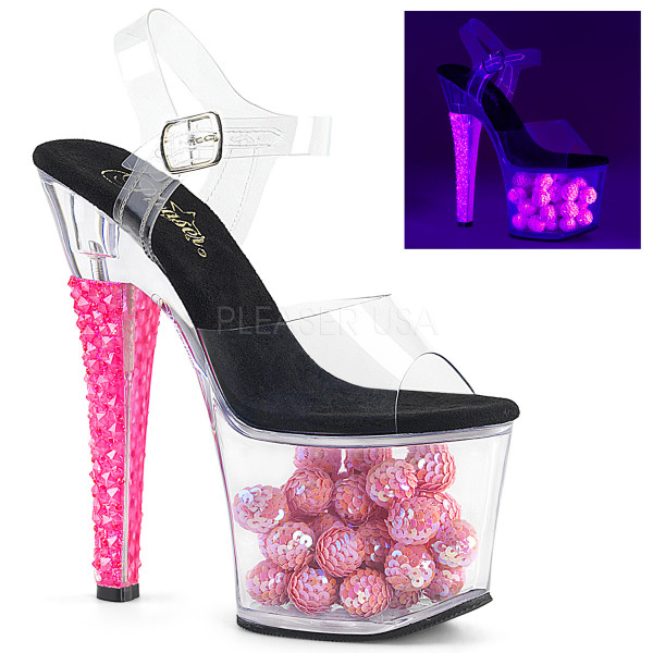 7 inches Heel, 3 1/4 inches PF Ankle Strap Sandal w/ UV Sequin Ball
