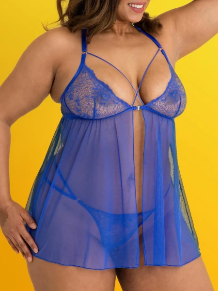 Lovehoney Plus Size Midnight Dream Blue Front Fastening Babydoll Set