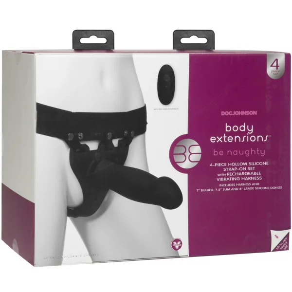 Body Extensions BE Naughty Hollow Vibrating Silicone Strap-On System With 3 Attachments by Doc Johnson