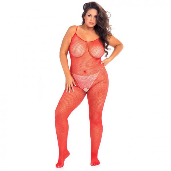 Rene Rofe Plus Size Red Crotchless Fishnet Bodystocking