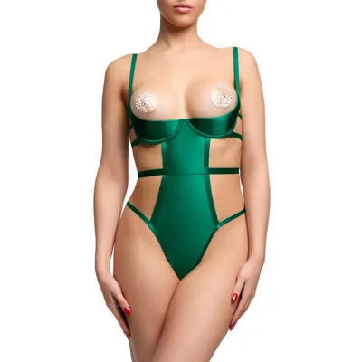 Dita Von Teese Von Follies Beau Teese Open Cup Emerald Satin Bodysuit