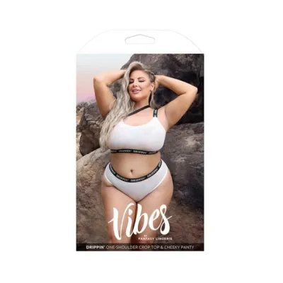 Women s Lingerie Fantasy Lingerie Vibes Drippin Iridescent Strappy One shoulder Top Cheeky Panty Pearl White Queen