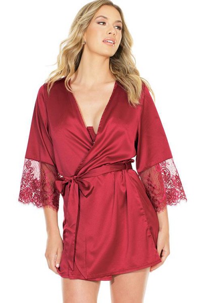Coquette Bordeaux Babe Satin & Eyelash Lace Robe