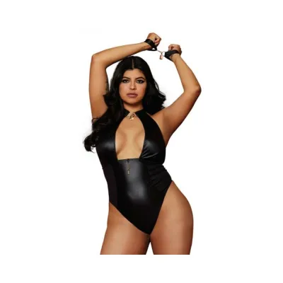 Women s Lingerie Dreamgirl Wetlook Corseted Back Halter neck Thong Teddy With Wrist Restraints Black Queen Size